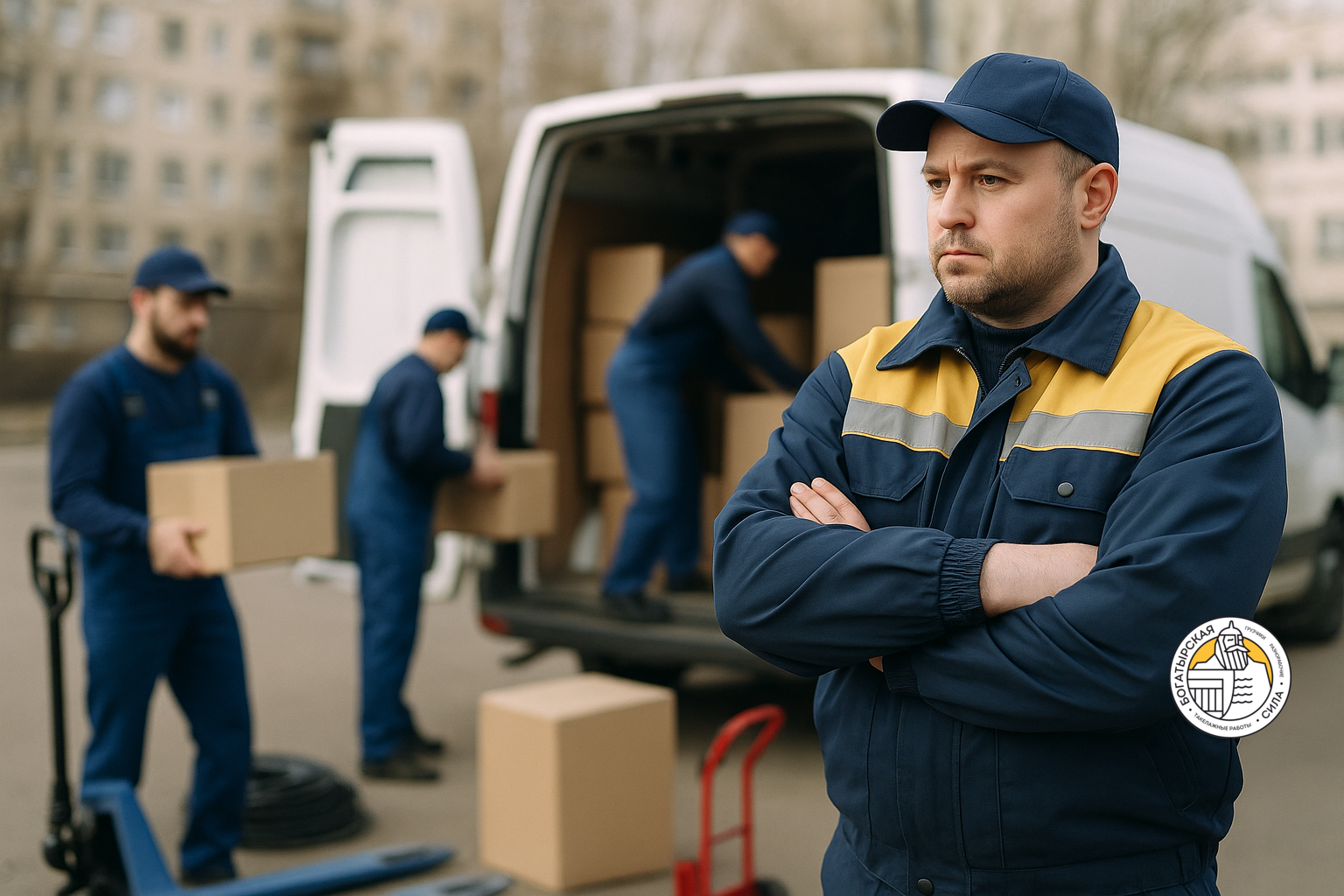 Бригадир Богатырской Силы координирует работу грузчиков и погрузку у фургона